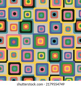 Abstract seamless pattern with vintage colorful squares. Round corner geometric shapes.