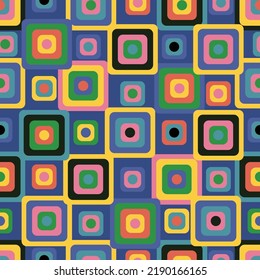Abstract seamless pattern with vintage colorful squares. Round corner geometric shapes.