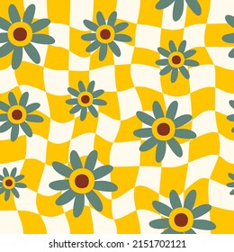 Resumen de un patrón sin fisuras con flores de groovy vintage sobre fondo a cuadros. Fondo vector retro en estilo 60, 70