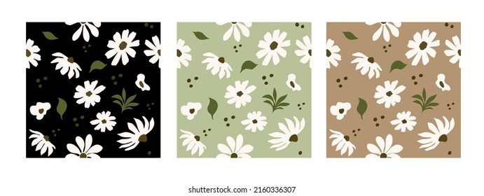 Abstract seamless pattern with vintage groovy daisy flowers on black, green, beige. Retro floral vector background surface design, textile, stationery, wrapping paper, covers. 60s, 70s, 80s style