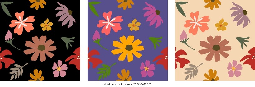 Abstract seamless pattern with vintage groovy daisy flowers on black, purple, beige. Retro floral vector background surface design, textile, stationery, wrapping paper, covers. 60s, 70s, 80s style