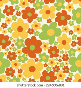 Resumen de un patrón impecable con flores de margarita de groovía vintage. Diseño retro de superficie de fondo vectorial floral, textil, tejido, envoltura, cubiertas. Estética hippie de los años 70, fondo floral vintage