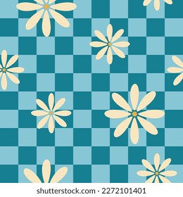 Resumen de un patrón impecable con flores de margarita de groovía vintage. Diseño retro de superficie de fondo vectorial floral, textil, tejido, envoltura, cubiertas. Estética hippie de los años 70, fondo floral vintage