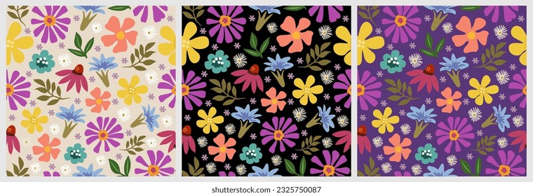 Abstract seamless pattern with vintage groovy daisy flowers on black, purple, beige background. Retro floral vector surface design, textile, stationery, wrapping paper, covers. 60s, 70s, 80s style