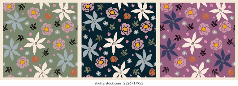 Abstract seamless pattern with vintage groovy flowers on black, purple, green background. Retro floral vector surface design, textile, stationery, wrapping paper, covers. 60s, 70s, 80s style