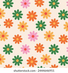 Abstract seamless pattern with vintage groovy daisy flowers. design y2k. 60s, 70s, 80s style