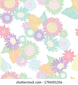 Abstract seamless pattern with vintage hand drawn pastel wildflower and sunflower on white background design