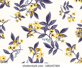 Abstract seamless pattern with vintage leaves and flowers. Vector background, modern style. Oriental blooming yellow flowers seamless pattern for fashion, fabric and all prints