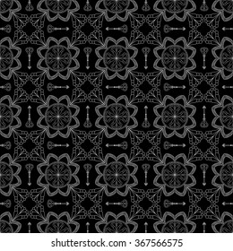 Abstract Seamless Pattern. Vintage Ornament Pattern. Ethnic decorative elements for print and cloth, fabrics and canvas texture or any other kind of design. Black and White Background.