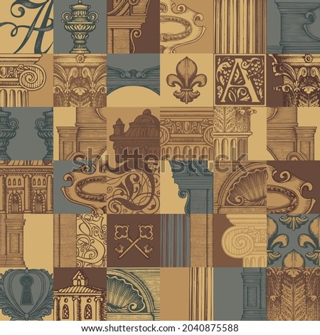 Abstract seamless pattern in vintage style with hand-drawn architectural fragments. Colored vector background on theme of ancient architecture and art. Wallpaper, wrapping paper or fabric design