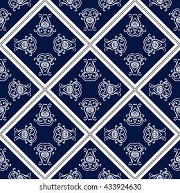 Abstract seamless pattern, vintage vector ornament, blue and white background. Vector illustration
