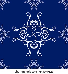 Abstract seamless pattern, vintage vector ornament, blue and white background. Vector illustration