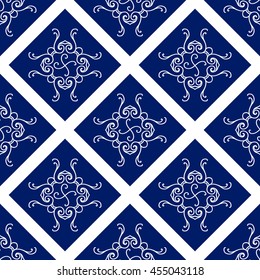 Abstract seamless pattern, vintage vector ornament, blue and white background. Vector illustration