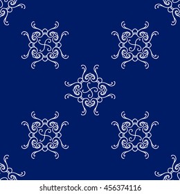 Abstract seamless pattern, vintage vector ornament, blue and white background. Vector illustration