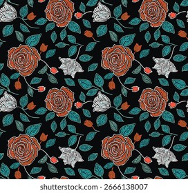 Abstract Seamless Pattern With Vintage-Style Roses And Foliage On A Dark Background, Perfect For Textiles, Wallpaper, Or Digital Designs.