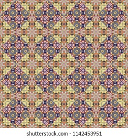 Abstract seamless pattern in violet, brown and beige colors. Ideal for printing on fabric or paper. Square scraps in oriental style. Vector illustration.
