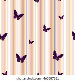 Abstract seamless pattern with violet butterfly on the striped background. Polygon style. Pinstripe  summer texture. Vector illustration.