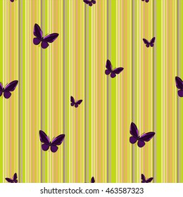 Abstract seamless pattern with violet butterfly on the striped background. Polygon style. Pinstripe summer texture. Vector illustration.
