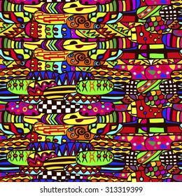 Abstract seamless pattern in vivid colors, ethnic motive. Decoration for ethnic design. Fancy multicolored background ornament. Template ethnic design for card