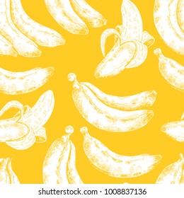 Abstract seamless pattern, wallpaper, background, backdrop. Yellow with white hand drawn banana. Vector sketch, tropical exotic fruit. Template for printing, packaging, advertising, web design, card