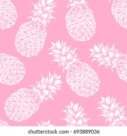 Abstract seamless pattern, wallpaper, background, backdrop. Pink with white hand drawn pineapple. Vector sketch, tropical exotic fruit. Template for printing, packaging, advertising, web design, card