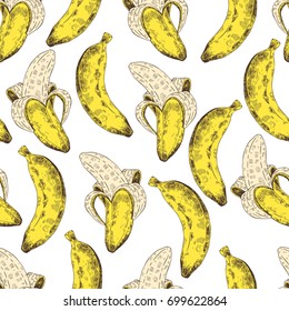 Abstract seamless pattern, wallpaper, background, backdrop. Yellow with white hand drawn banana. Vector sketch, tropical exotic fruit. Template for printing, packaging, advertising, web design, card