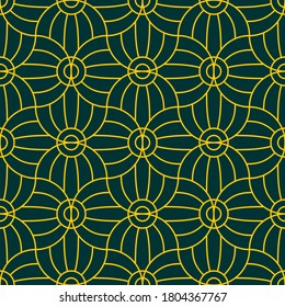 Resumen de un patrón sin fisuras para papel de pared de líneas doradas sobre fondo verde oscuro. Diseño de vectores.