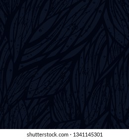 Abstract seamless pattern with water waves, flower, wind or floral elements. Universal vector background with natural tune. Black and dark blue colors