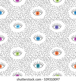 Abstract seamless pattern with watercolor colorful eyes. Retro fashion texture, 80s style. Vector background.