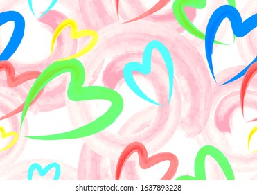 Abstract seamless pattern with watercolor pink spirals and bright hearts on a white background. Romantic print. EPS10 vector illustration