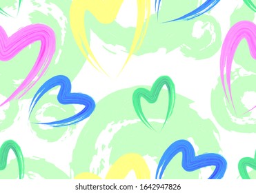 Abstract seamless pattern with watercolor spirals and colorful hearts on a white background. Romantic print with a symbol of love. EPS10 vector illustration