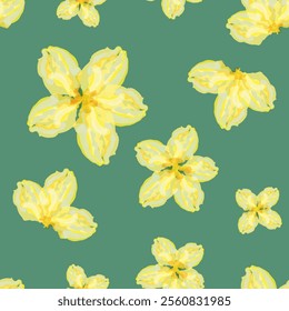 Abstract seamless pattern with watercolor yellow flowers on dark turquoise background. Pastel palette. Pastoral textile collection. For print, wallpaper, wrapping-paper, cover, fabric, card. Vector.