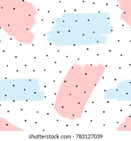 Abstract seamless pattern with watercolour brush strokes and polka dots. Fashion 80s - 90s. Sketch, grunge, paint. Modern vector illustration.