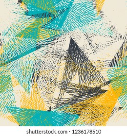 Abstract seamless pattern with wave lines, triangles. Grunge urban repeated backdrop for textile, wrapping paper.