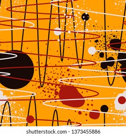 Abstract seamless pattern with wave lines, dots and circles.