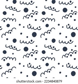 Abstract seamless pattern with waves and circles on a white background. Snow pattern with blizzard swirls. Wavy lines with dark spots. Background in cartoon style for printing on textiles, paper.