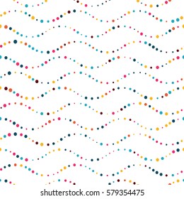 Abstract seamless pattern of waves and circles. Bright shades of colors.