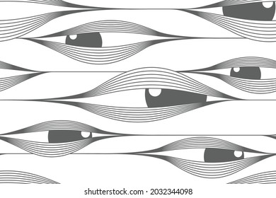 Abstract seamless pattern with waves and eyes. Vector contour pattern with a look. Repetitive pupils and lines