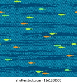 Abstract seamless  pattern with waves and fishes. Vector illustration on a sea theme.