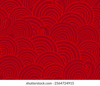 Abstract seamless pattern with waves on red background. Festive wrapping paper, textile, print. Chinese New Year, Tet, Lunar New Year.