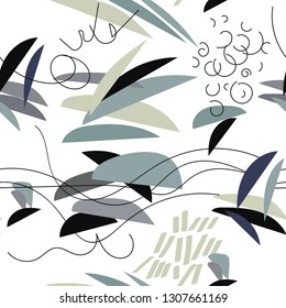 Abstract seamless pattern with wavy lines and elements