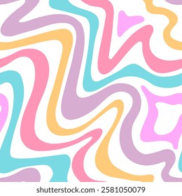 Abstract seamless pattern with wavy pastel colored lines in pink, blue, yellow, and purple on a white background, creating a retro and playful design. Vector illustration  