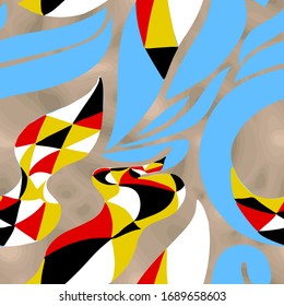 Abstract seamless pattern of wavy shapes decorated with multicolored triangles. Repeated vector design. Inspired by Stockholm metro stations