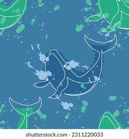 Abstract seamless pattern with whale. Oceanic doodle for fabric textile, wallpaper, wrapping, cover. Vector illustration