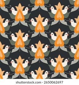 Abstract seamless pattern with white birds. Print for textile, wallpaper, covers, surface. For fashion fabric. Retro stylization.