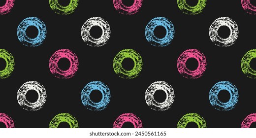 Abstract Seamless Pattern of White, Blue, Green, Pink Hand-Drawn Circles on Dark Background. Style of Children's Drawing. Continuous Background with Simple Shapes for Clothes, Fabric, Textile.