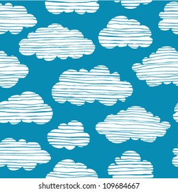 Abstract seamless pattern with white clouds on blue sky. Colorful stylized hand drawn cloudy sky texture