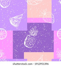 Abstract seamless pattern with white contour fruits on squares.