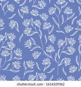 Abstract seamless pattern with white contours of beautiful flowers on a blue background, for the design of covers, packaging, print on textiles, wallpaper, fabric