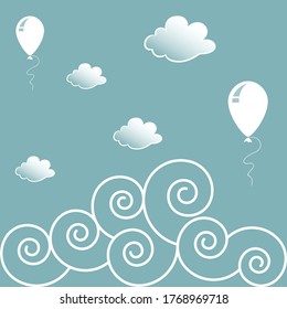 Abstract seamless pattern, with white curves, clouds and balloons